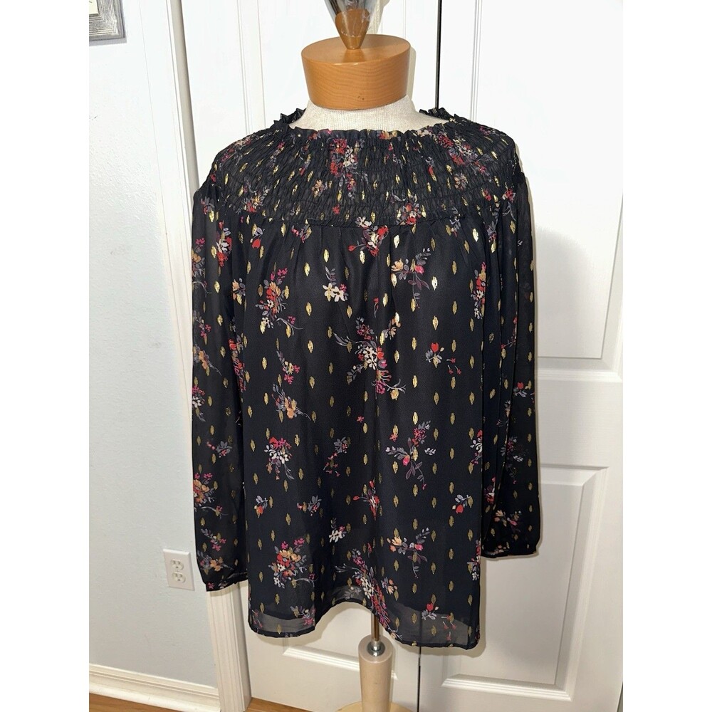 NWT FairHope Blouse XL Black Red Floral Gold Foil Dot Smocked Neckline LS Top